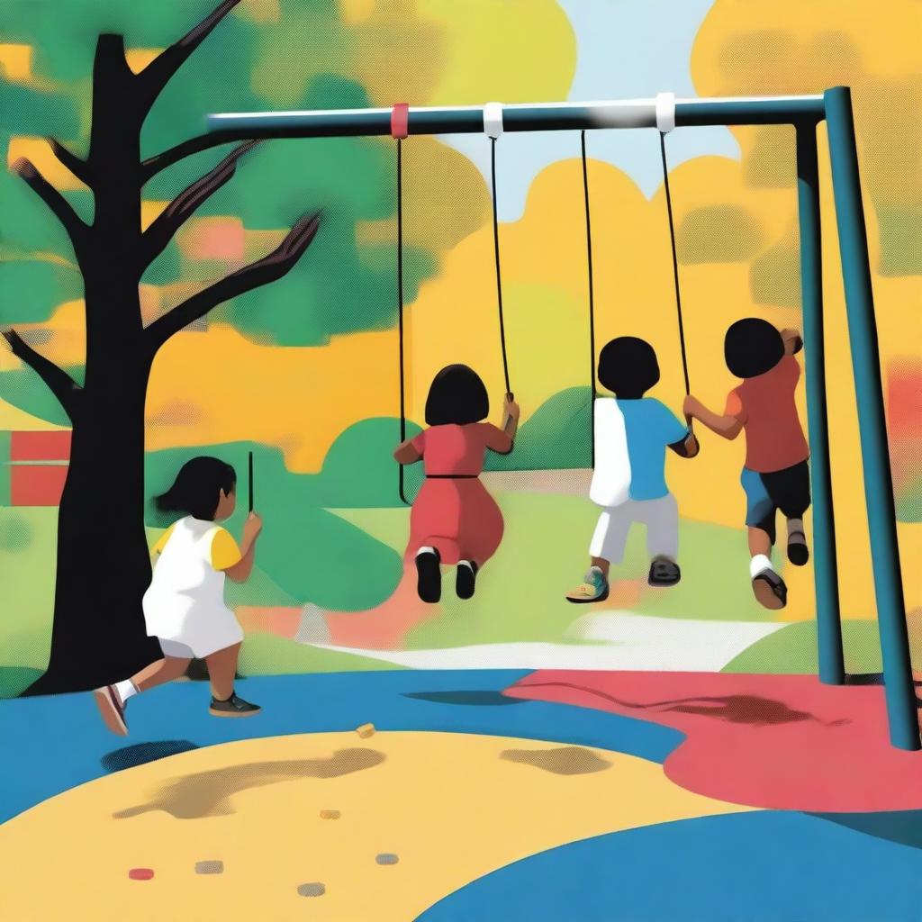 A surreal scene of Black, White, Asian, and Latin children playing together at a playground, but with no heads