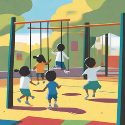 A surreal scene of Black, White, Asian, and Latin children playing together at a playground, but with no heads