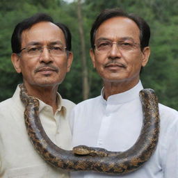 A detailed portrait featuring a snake, an Indian man, and Anwar Ibrahim standing side by side in a serene environment.