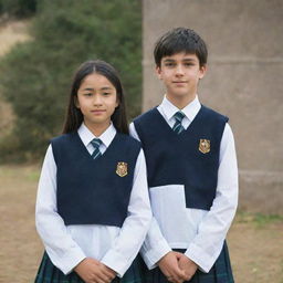 A young man and a girl dressed in traditional school uniforms, standing confidently