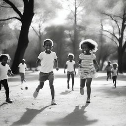 A black and white image of children playing in a park