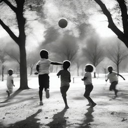 A black and white image of children playing in a park