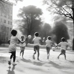 A black and white image of children playing in a park