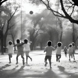 A black and white image of children playing in a park