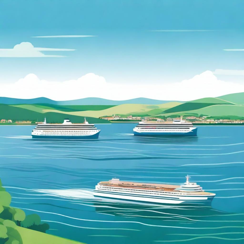 A serene image of ferries sailing on a calm, blue sea with a clear sky