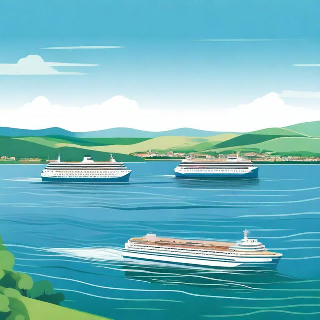 A serene image of ferries sailing on a calm, blue sea with a clear sky