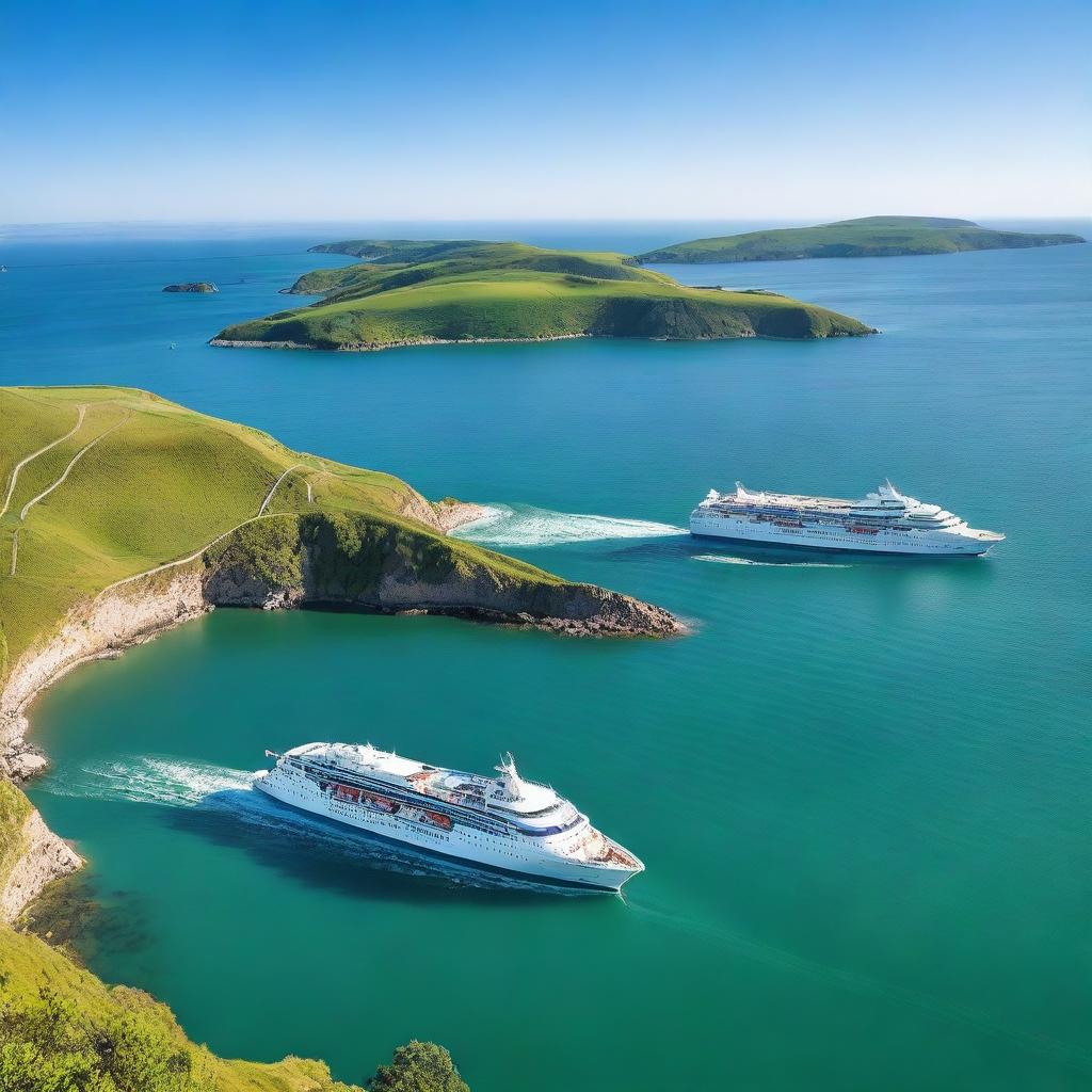 A serene image of ferries sailing on a calm, blue sea with a clear sky