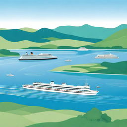 A serene image of ferries sailing on a calm, blue sea with a clear sky