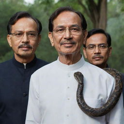 A detailed portrait featuring a snake, an Indian man, and Anwar Ibrahim standing side by side in a serene environment.