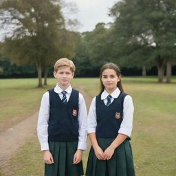 A young man and a girl dressed in traditional school uniforms, standing confidently