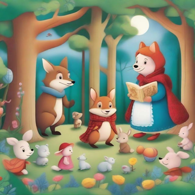 A whimsical scene featuring characters from classic fables