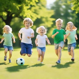 A group of white children playing together in a sunny park