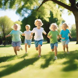 A group of white children playing together in a sunny park