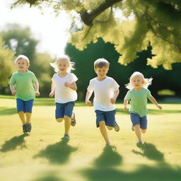 A group of white children playing together in a sunny park