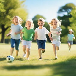 A group of white children playing together in a sunny park