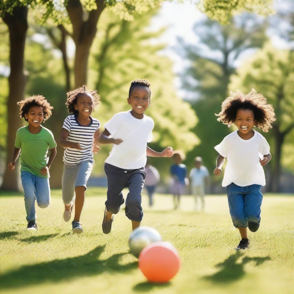 A group of white and black children playing together in a sunny park