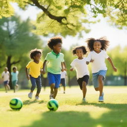 A group of white and black children playing together in a sunny park