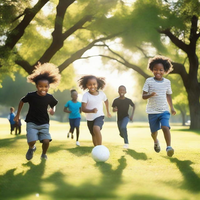 A group of white and black children playing together in a sunny park