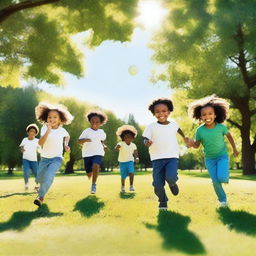 A group of white and black children playing together in a sunny park