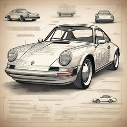 A detailed poster of a classic Porsche 911 car drawn in the style of Leonardo da Vinci