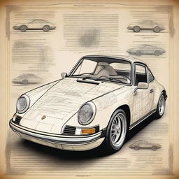 A detailed poster of a classic Porsche 911 car drawn in the style of Leonardo da Vinci