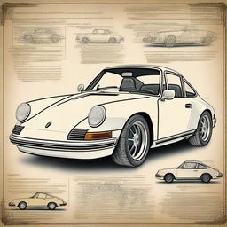 A detailed poster of a classic Porsche 911 car drawn in the style of Leonardo da Vinci