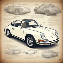 A detailed poster of a classic Porsche 911 car drawn in the style of Leonardo da Vinci