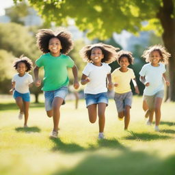 A group of children with brown and white skin playing together in a sunny park