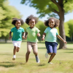 A group of children with brown and white skin playing together in a sunny park