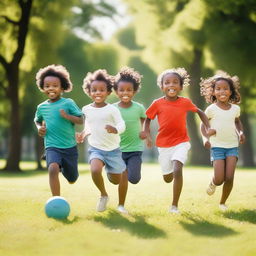 A group of children with brown and white skin playing together in a sunny park