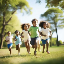 A group of children with brown and white skin playing together in a sunny park