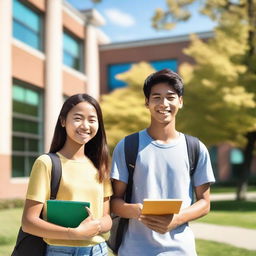 A handsome college boy and a grade 12 girl student standing together on a sunny campus