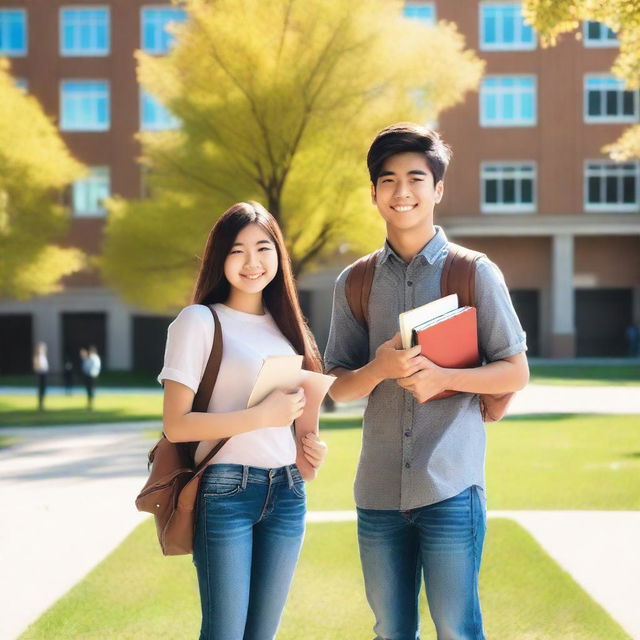 A handsome college boy and a grade 12 girl student standing together on a sunny campus