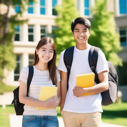 A handsome college boy and a grade 12 girl student standing together on a sunny campus