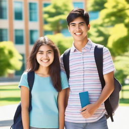 A handsome college boy and a grade 12 girl student standing together on a sunny campus