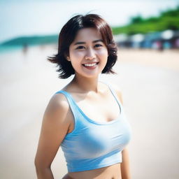 A beautiful Thai woman, curvy and aged 25, with wet short hair, detailed white skin, big eyes, and a beautiful smile