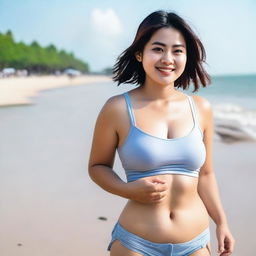 A beautiful Thai woman, curvy and aged 25, with wet short hair, detailed white skin, big eyes, and a beautiful smile