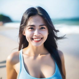 A beautiful Thai woman, aged 20, with wet long hair, detailed white skin, big eyes, and a beautiful smile