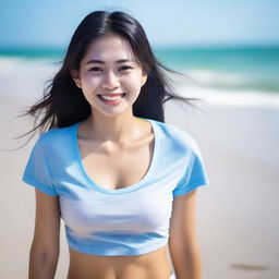 A beautiful Thai woman, aged 20, with wet long hair, detailed white skin, big eyes, and a beautiful smile