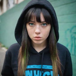 casual photograpy medium body,black with blue letters hip hop stamp hoodie, female , 23 year old with green eyes and black long hai with withe streaks in the bangs .,freckles, selfo, graffiti background, medium distance shot, 4k hd,  --styerw--v 5.2 ar 2-3