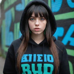 casual photograpy medium body,black with blue letters hip hop stamp hoodie, female , 23 year old with green eyes and black long hai with withe streaks in the bangs .,freckles, selfo, graffiti background, medium distance shot, 4k hd,  --styerw--v 5.2 ar 2-3