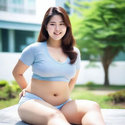 A full-body image of a beautiful Korean woman, aged 20, with a curvy figure and wet long hair