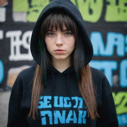 casual photograpy medium body,black with blue letters hip hop stamp hoodie, female , 23 year old with green eyes and black long hai with withe streaks in the bangs .,freckles, selfo, graffiti background, medium distance shot, 4k hd,  --styerw--v 5.2 ar 2-3