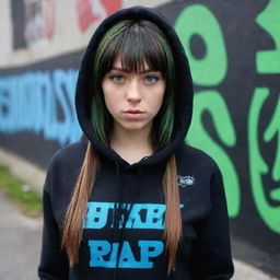 casual photograpy medium body,black with blue letters hip hop stamp hoodie, female , 23 year old with green eyes and black long hai with withe streaks in the bangs .,freckles, selfo, graffiti background, medium distance shot, 4k hd,  --styerw--v 5.2 ar 2-3