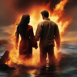 Create a book cover titled 'Fires of Love, Waters of War'