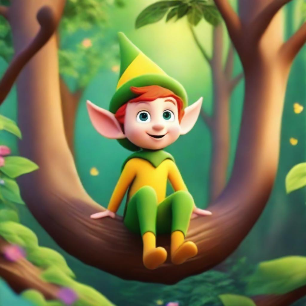 A whimsical Disney Pixar-style elf sitting in a tree, surrounded by lush forest greenery