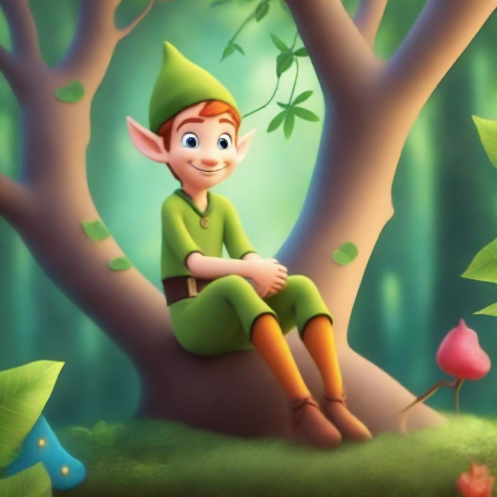 A whimsical Disney Pixar-style elf sitting in a tree, surrounded by lush forest greenery