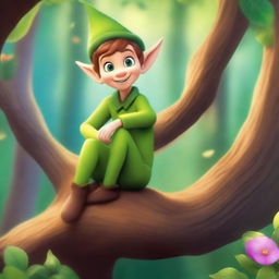 A whimsical Disney Pixar-style elf sitting in a tree, surrounded by lush forest greenery