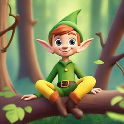 A whimsical Disney Pixar-style elf sitting in a tree, surrounded by lush forest greenery