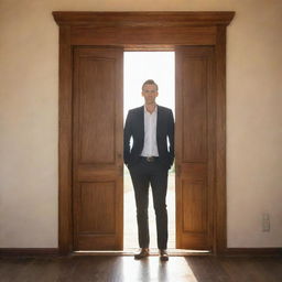 A confident man standing in an opened, grandiose wooden door with warm sunshine pouring in from outside